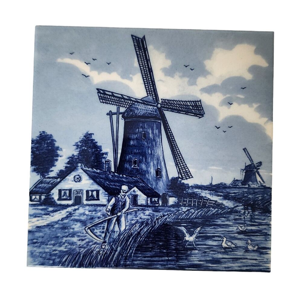 Royal Mosa Holland Delft Blue Tile Trivet Wall Hanging Windmill Farmer Birds